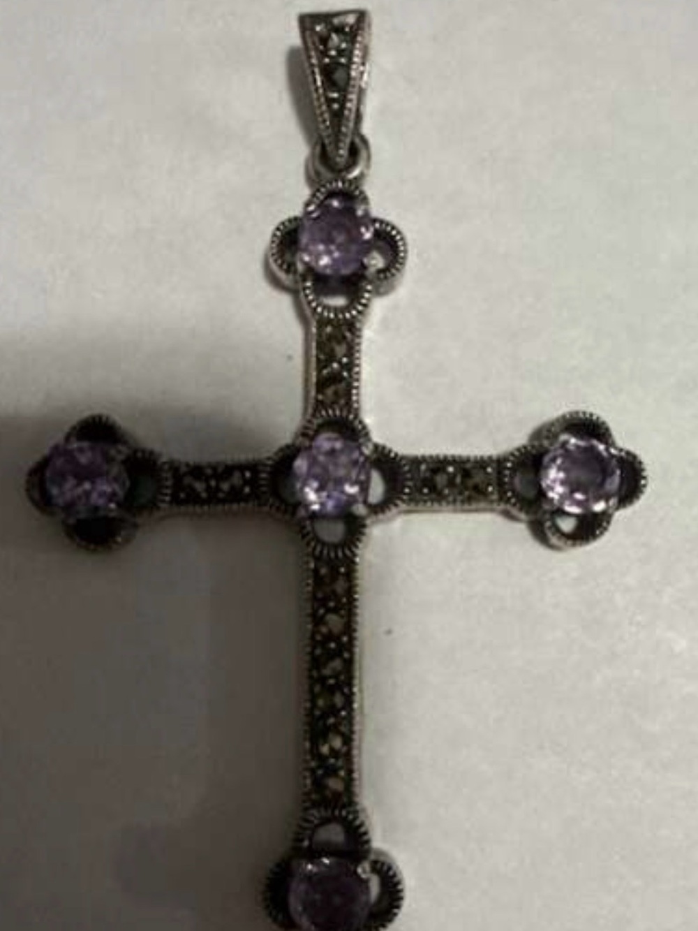 Vintage 925 Sterling Silver Amethyst and Marcasite Cross Pendant